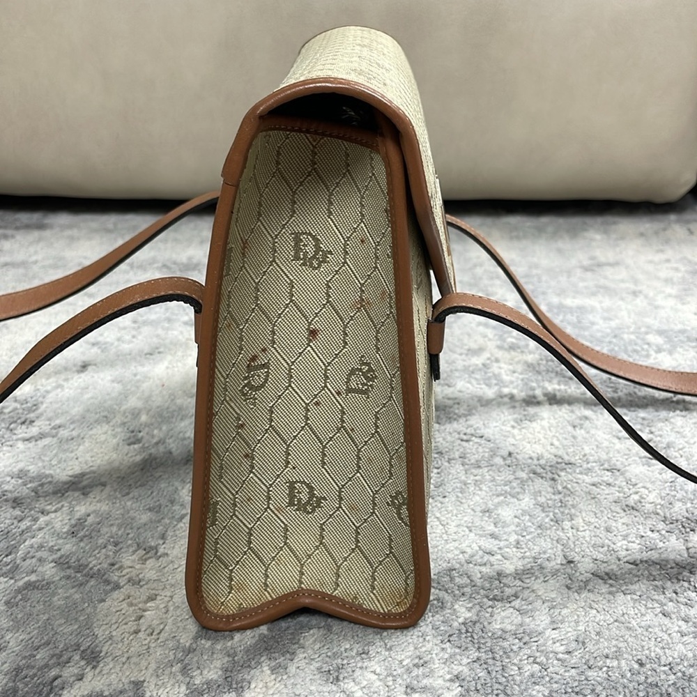 Vintage Christian Dior Honeycomb Flap Shoulder Bag Satchel Beige Designer - Picture 3 of 17